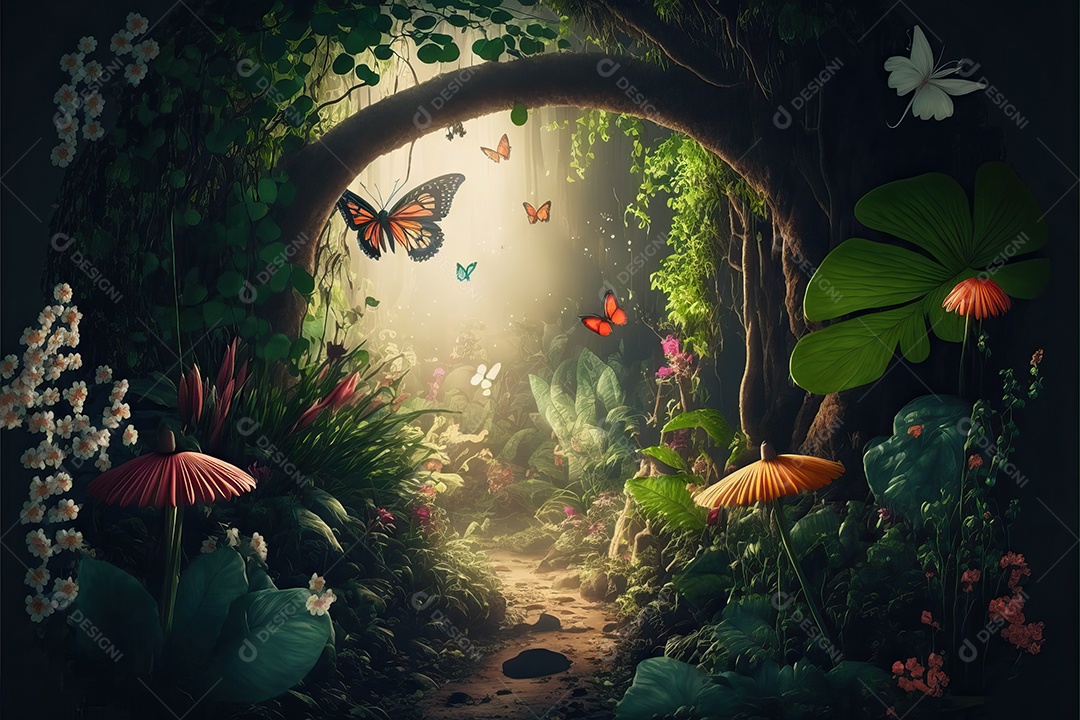 Uma linda floresta encantada de conto de fadas com grandes árvores, tropical