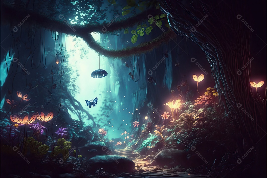 Uma linda floresta encantada de conto de fadas com grandes árvores, tropical