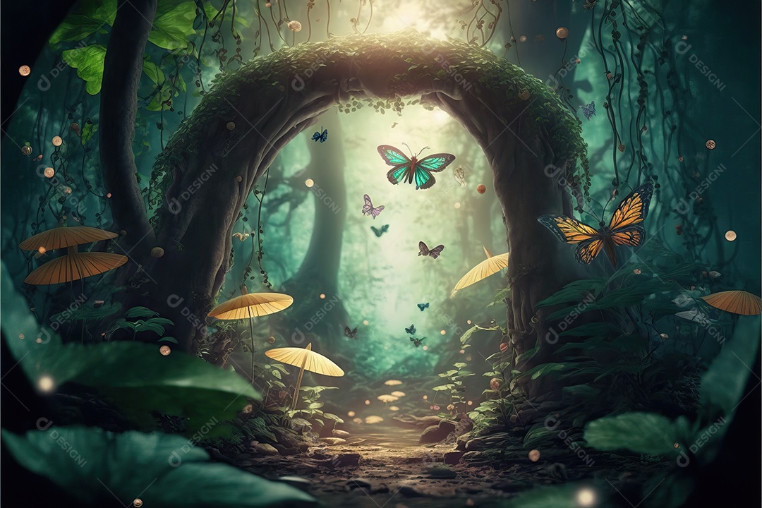 Uma linda floresta encantada de conto de fadas com grandes árvores, tropical