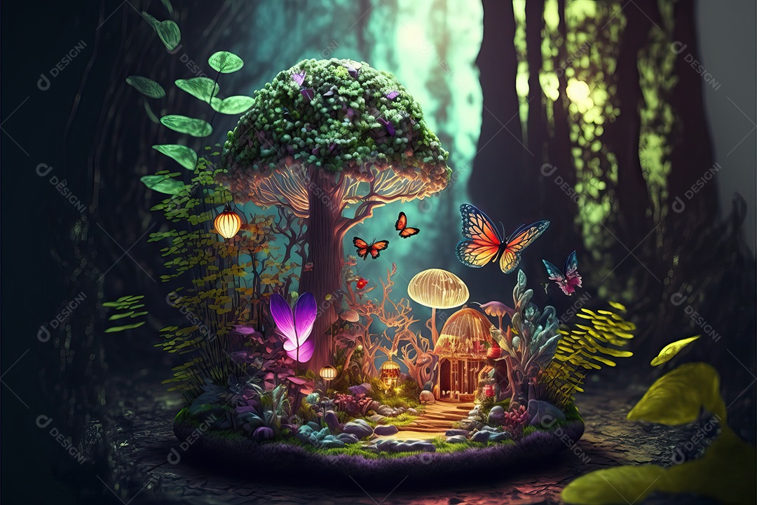 Uma linda floresta encantada de conto de fadas com grandes árvores, tropical