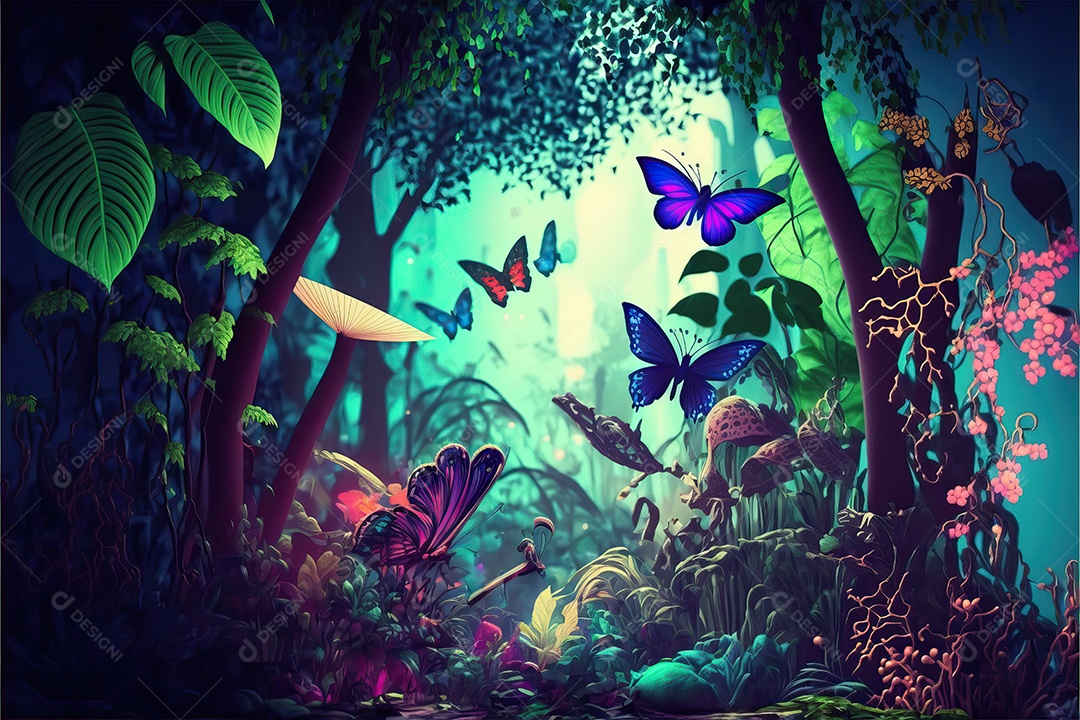 Uma linda floresta encantada de conto de fadas com grandes árvores, tropical