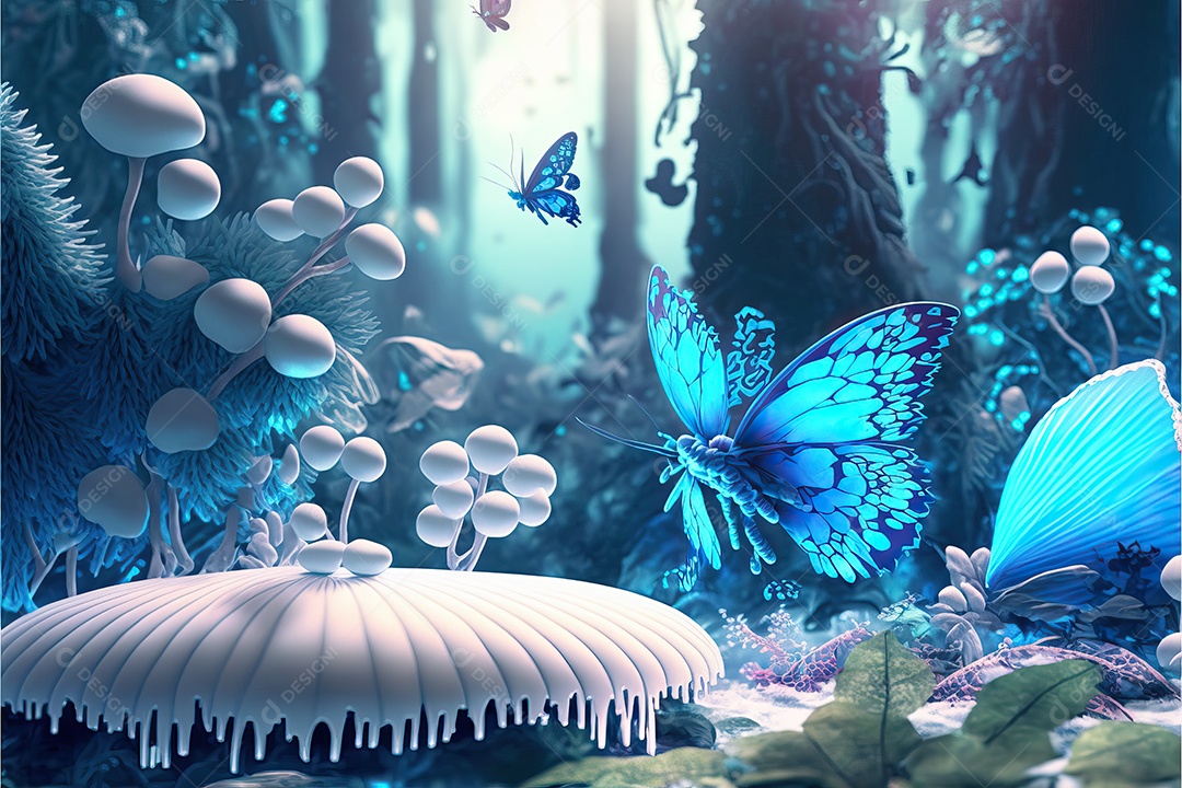 Uma linda floresta encantada de conto de fadas com grandes árvores, tropical