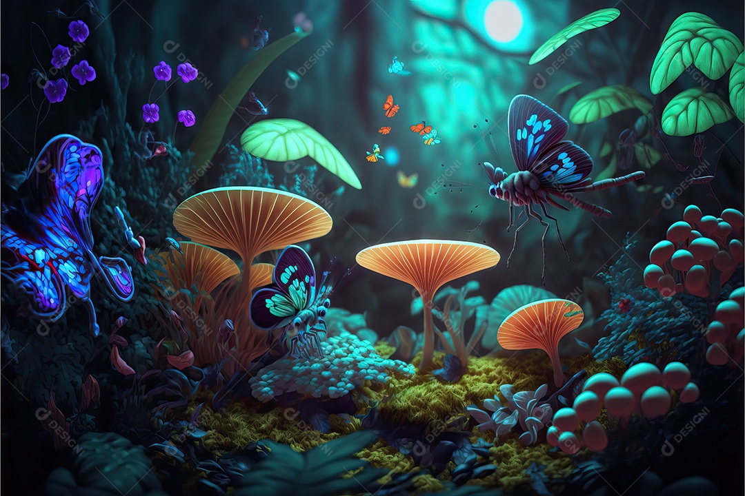 Uma linda floresta encantada de conto de fadas com grandes árvores, tropical