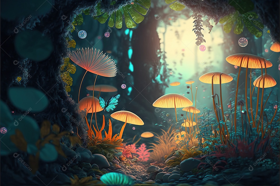 Uma linda floresta encantada de conto de fadas com grandes árvores, tropical