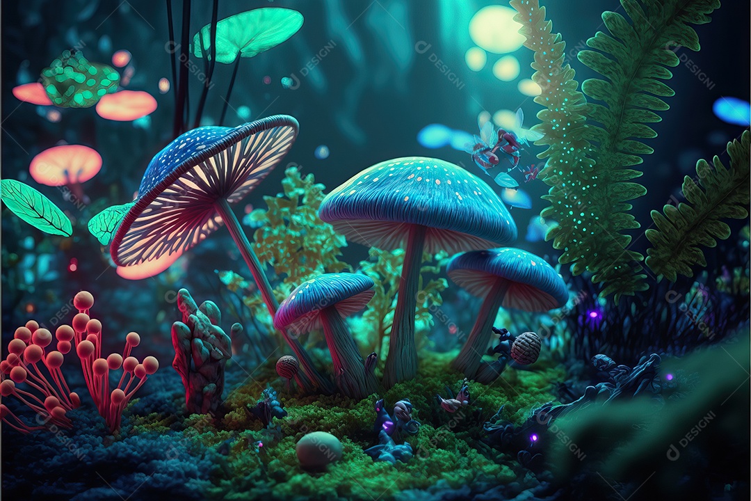 Uma linda floresta encantada de conto de fadas com grandes árvores, tropical