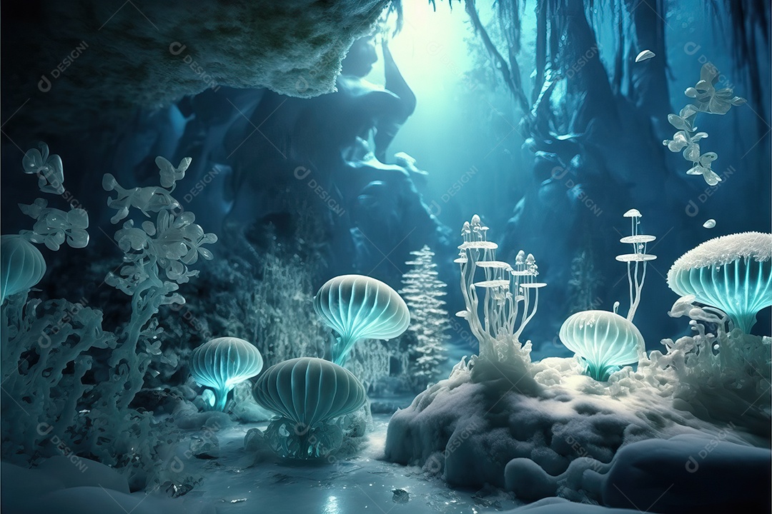 Uma linda floresta encantada de conto de fadas com grandes árvores, tropical