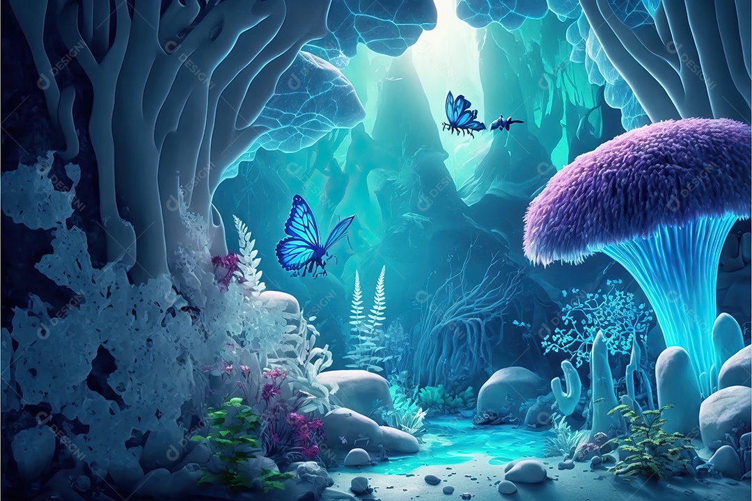 Uma linda floresta encantada de conto de fadas com grandes árvores, tropical