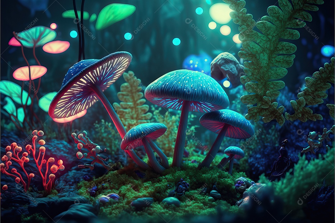 Uma linda floresta encantada de conto de fadas com grandes árvores, tropical