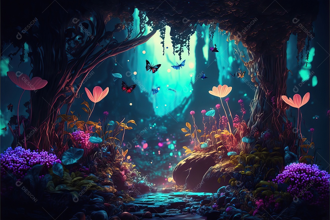 Uma linda floresta encantada de conto de fadas com grandes árvores, tropical