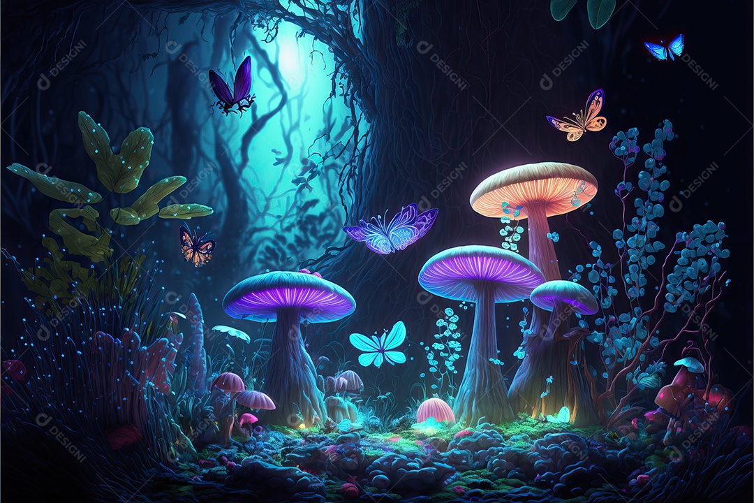 Uma linda floresta encantada de conto de fadas com grandes árvores, tropical