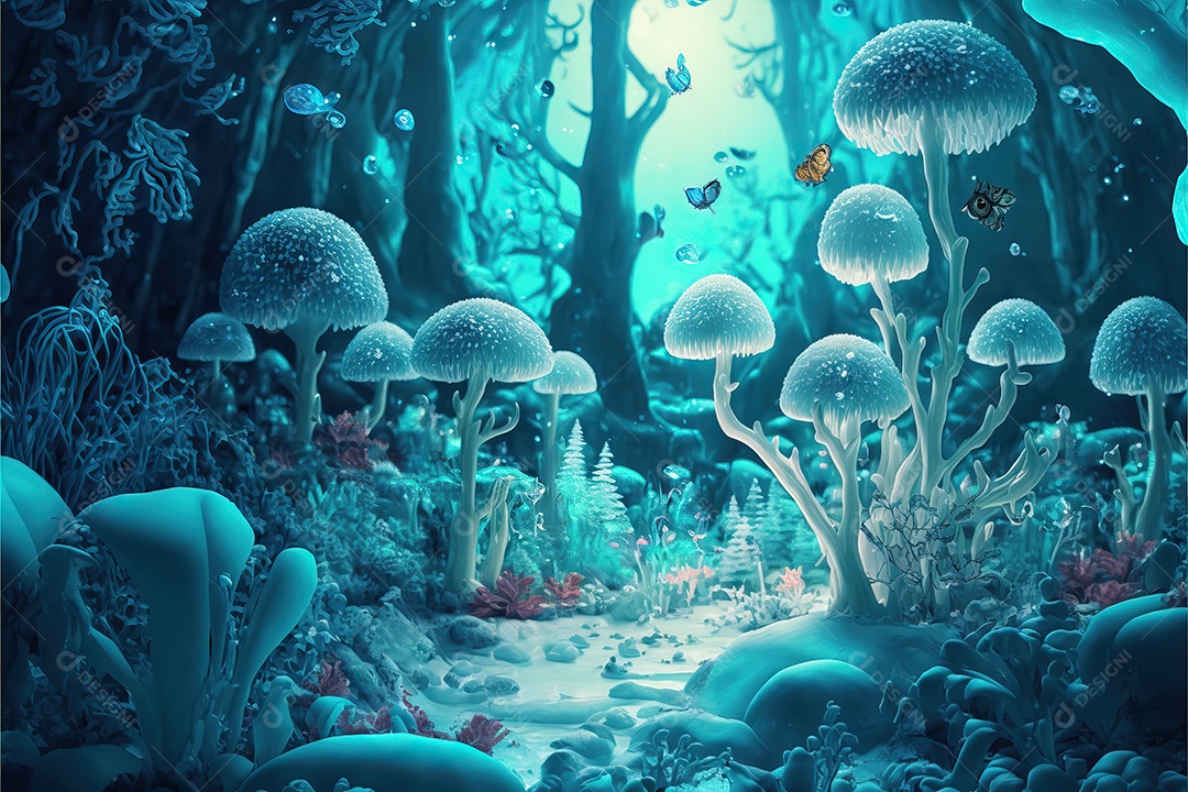 Uma linda floresta encantada de conto de fadas com grandes árvores, tropical