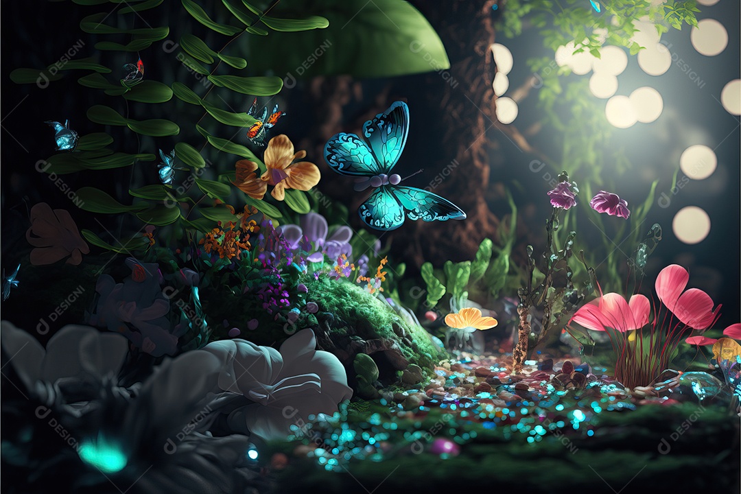 Uma linda floresta encantada de conto de fadas com grandes árvores, tropical