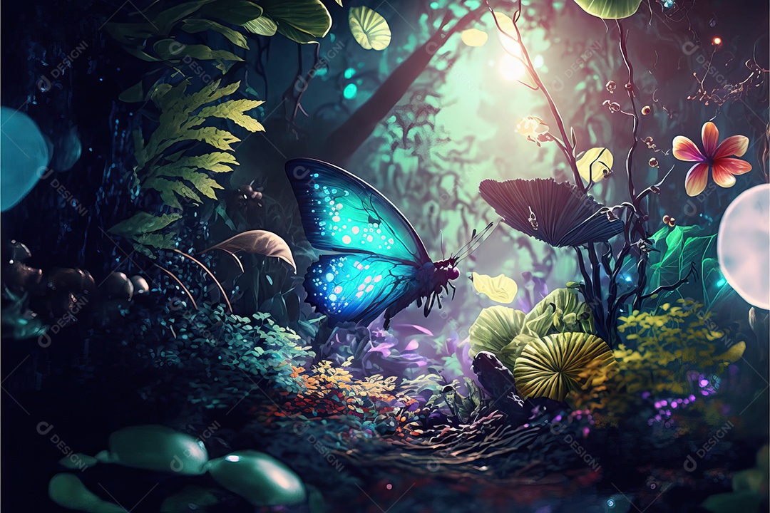 Uma linda floresta encantada de conto de fadas com grandes árvores, tropical