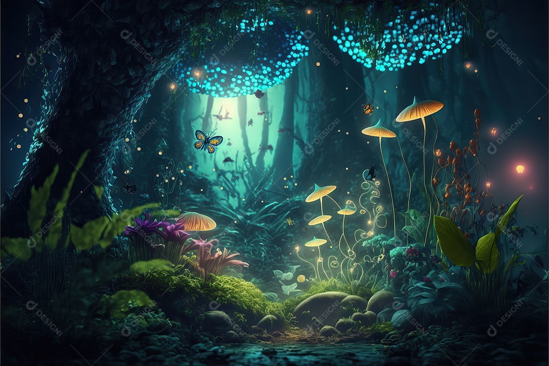 Uma linda floresta encantada de conto de fadas com grandes árvores, tropical