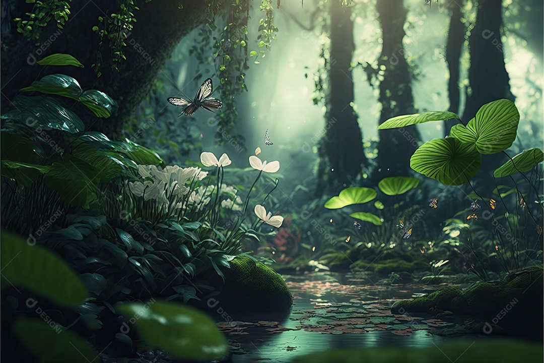 Uma linda floresta encantada de conto de fadas com grandes árvores, tropical