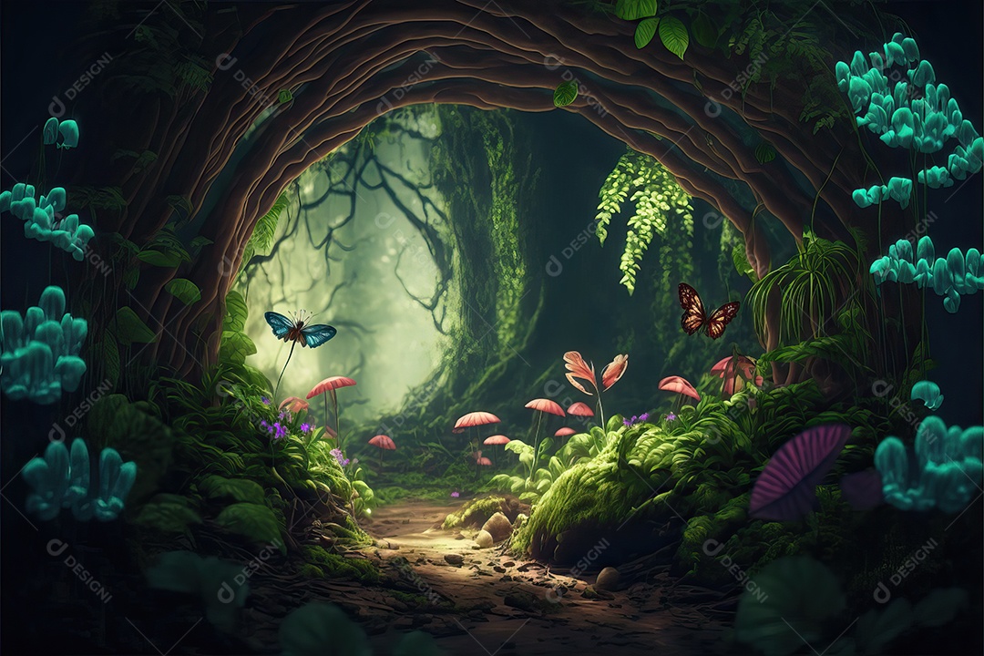 Uma linda floresta encantada de conto de fadas com grandes árvores, tropical