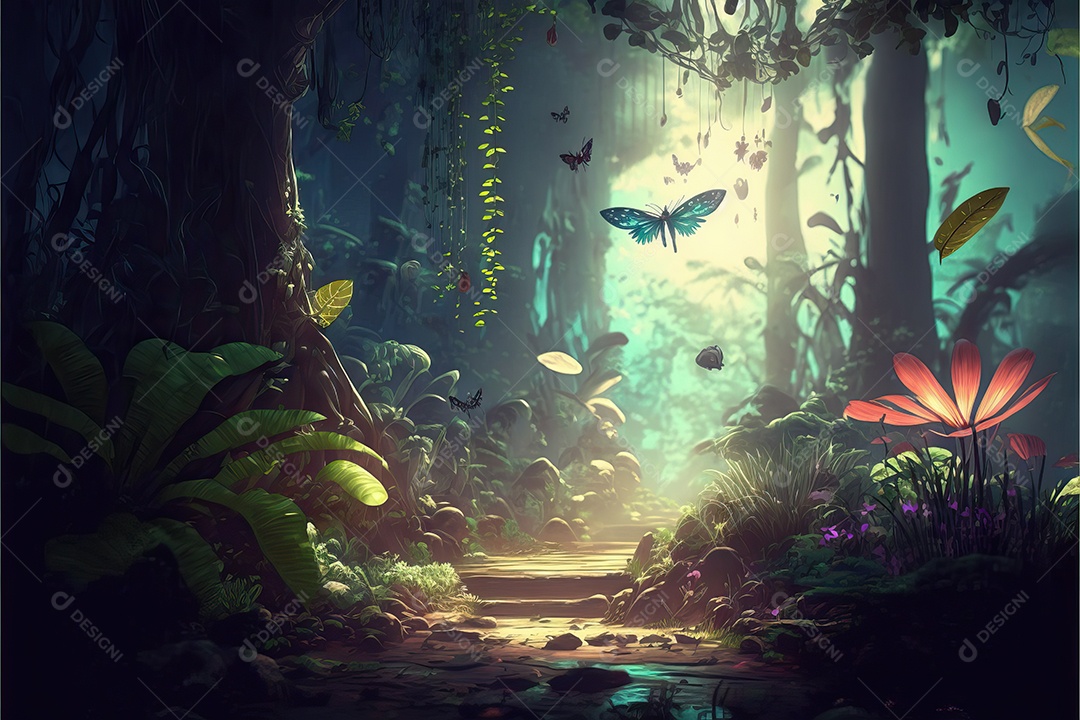 Fundo com paisagem de um lindo conto de fadas tropical