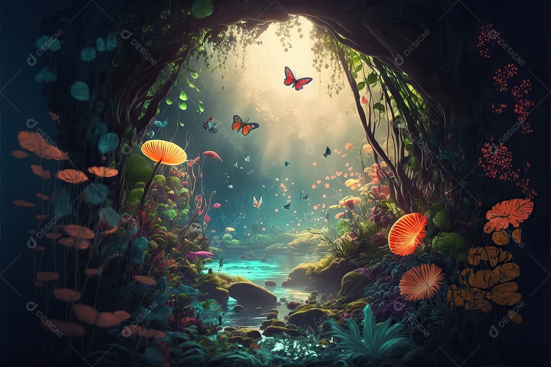 Fundo com paisagem de um lindo conto de fadas tropical