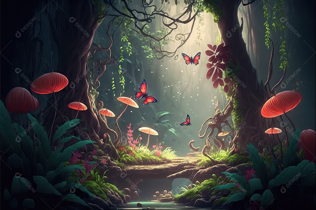 Fundo com paisagem de um lindo conto de fadas tropical