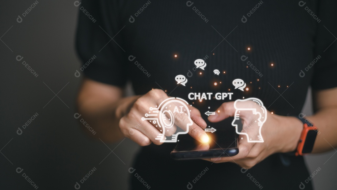 Bate-papo ChatGPT com AI ou Inteligência Artificial. mulher conversando