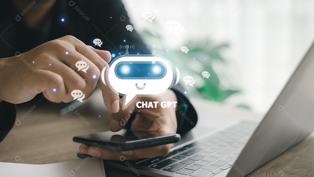 Bate-papo ChatGPT com AI ou Inteligência Artificial. mulher conversando