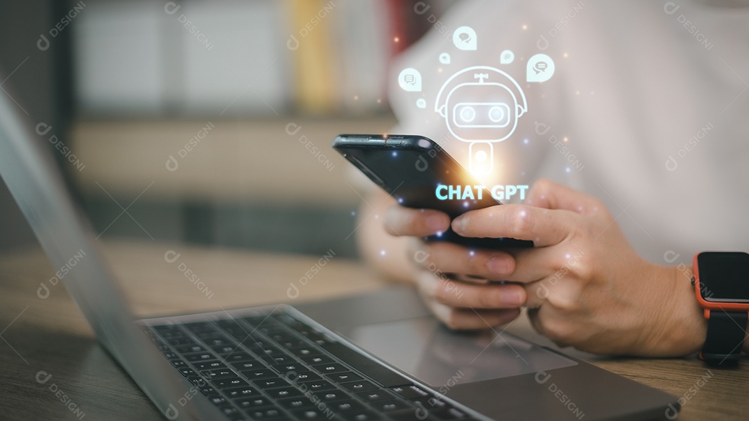 Bate-papo ChatGPT com AI ou Inteligência Artificial. mulher conversando