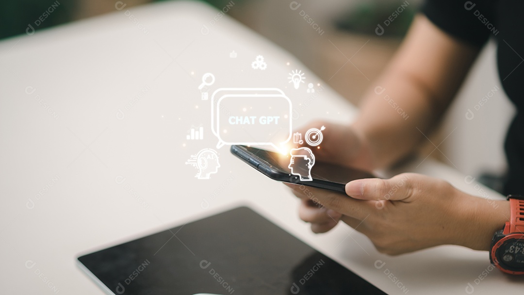 Bate-papo ChatGPT com AI ou Inteligência Artificial. mulher conversando