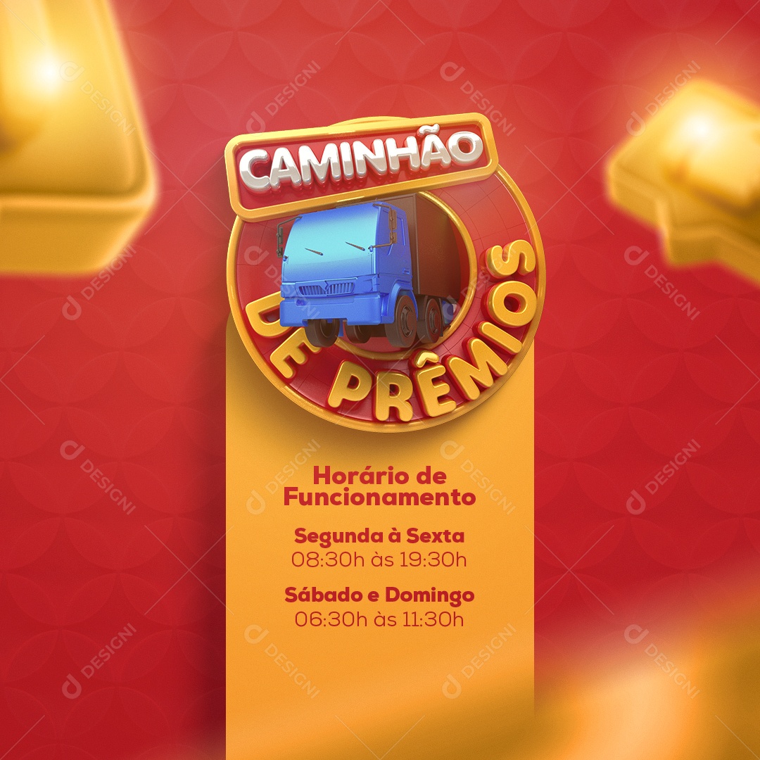 Caminhão de Prêmios Horário de Funcionamento Supermercado Social Media PSD Editável