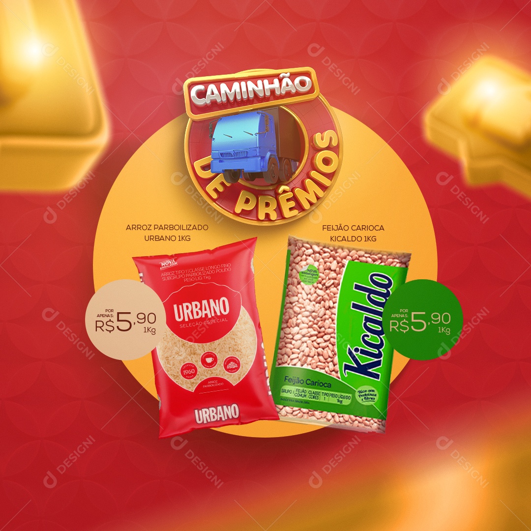 Caminhão de Prêmios Arroz Parabolizado e Feijão Supermercado Social Media PSD Editável