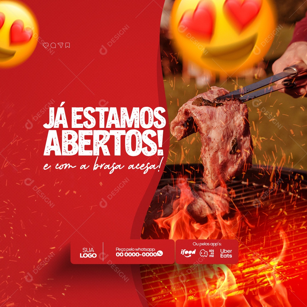 Já Estamos Abertos! Churrascaria e Petiscaria Social Media PSD Editável