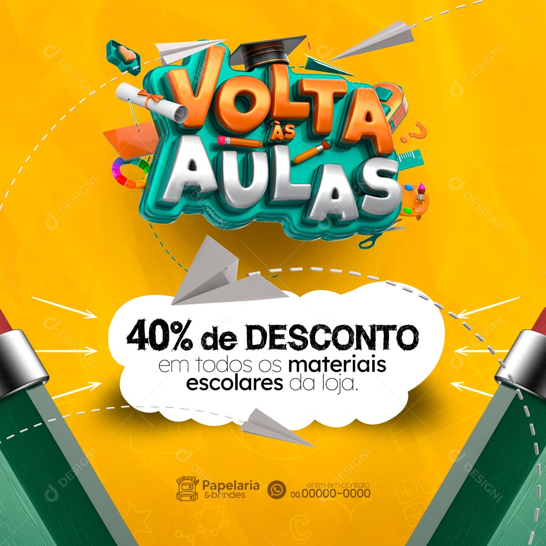 Volta Às Aulas 40% de Desconto em Todos os Materiais Papelaria Social Media PSD Editável