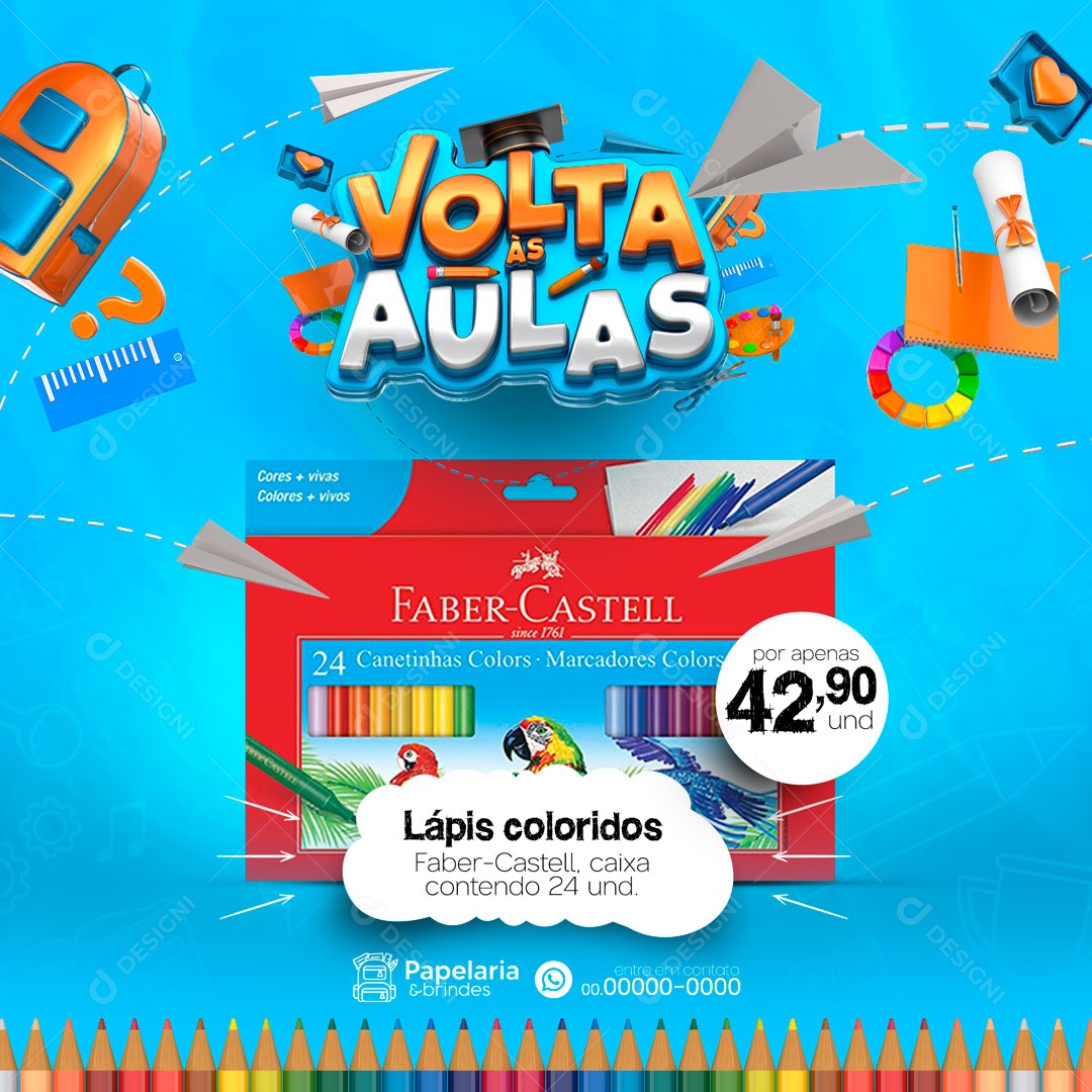 Volta às Aulas Lápis coloridos Papelaria Social Media PSD Editável