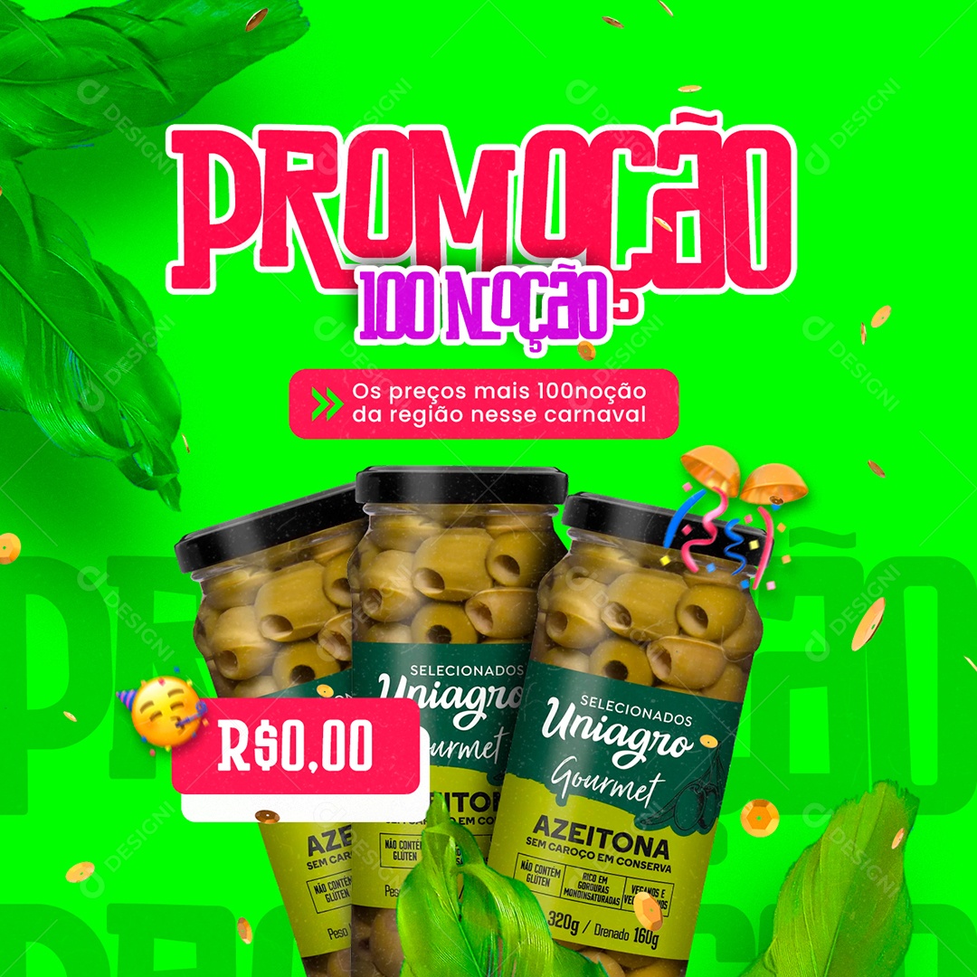 Promoção 100% Noção Carnaval Supermercado Social Media PSD Editável