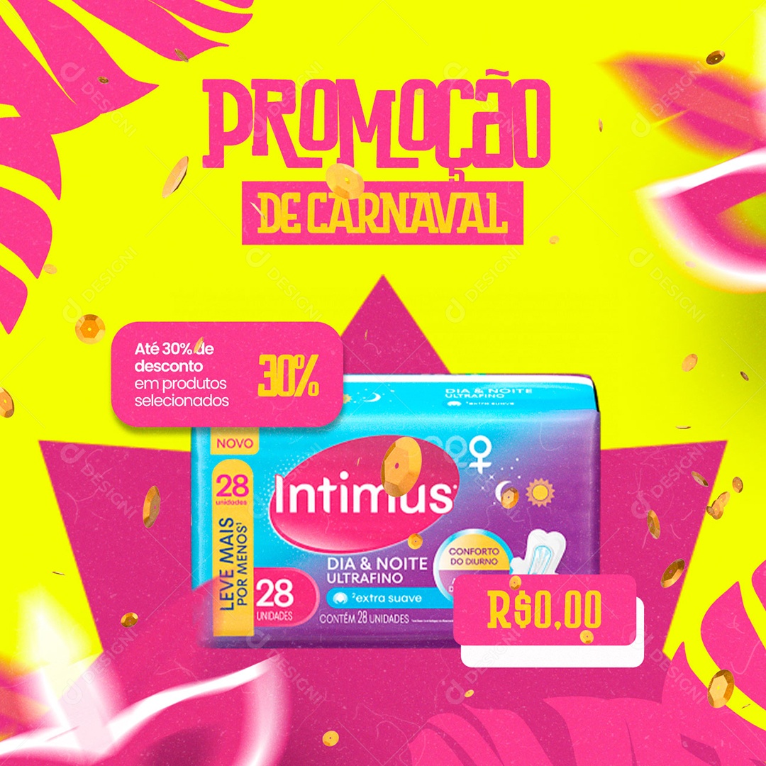 Promoção de Carnaval Até 30% de Desconto Supermercado Social Media PSD Editável