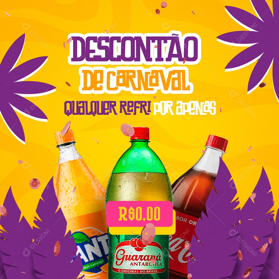 Descontão de Carnaval Qualquer Refri por Apenas 0,00 Supermercado Social Media PSD Editável