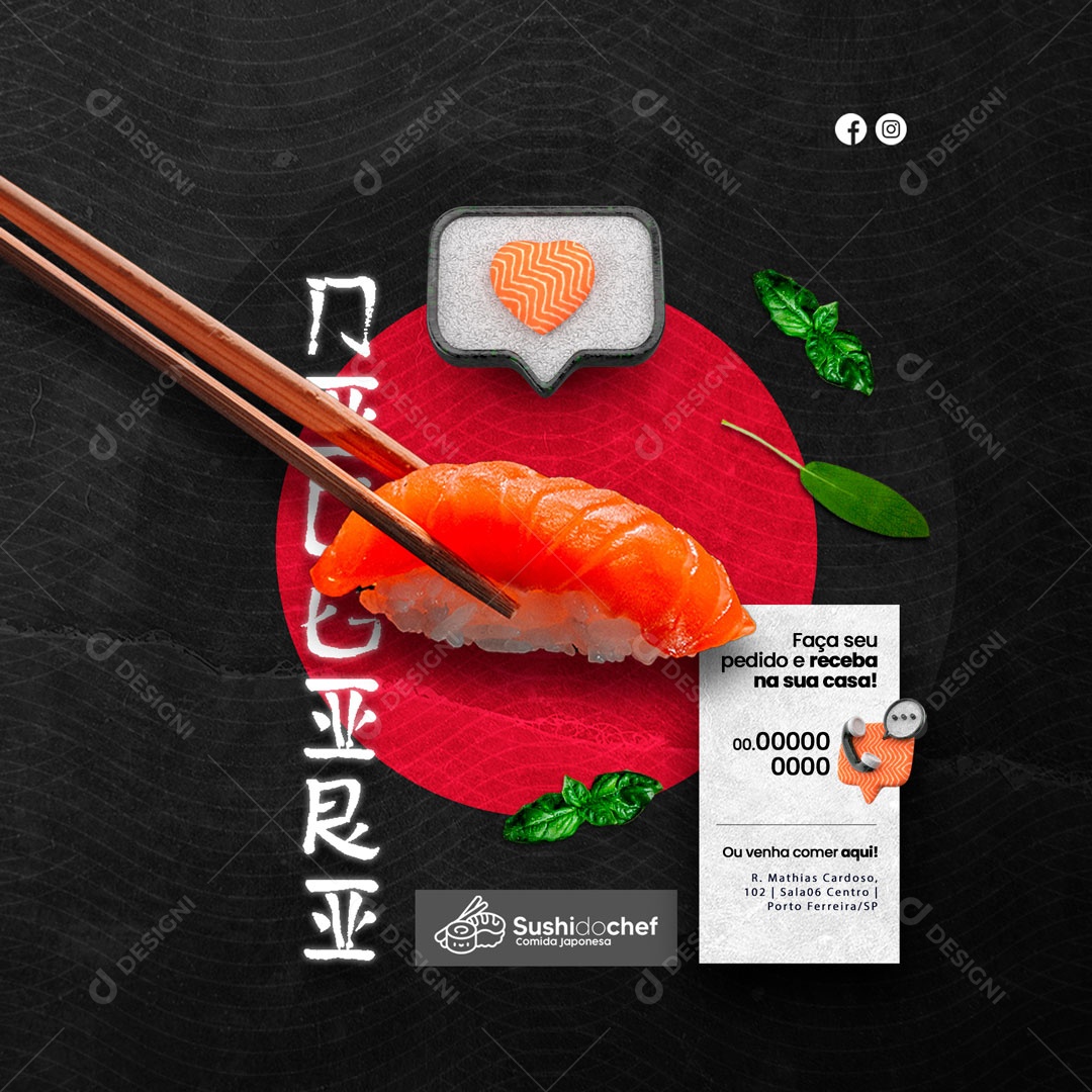 Faça seu Pedido e Receba na Sua Casa! Restaurante Comida Japonesa Social Media PSD Editável