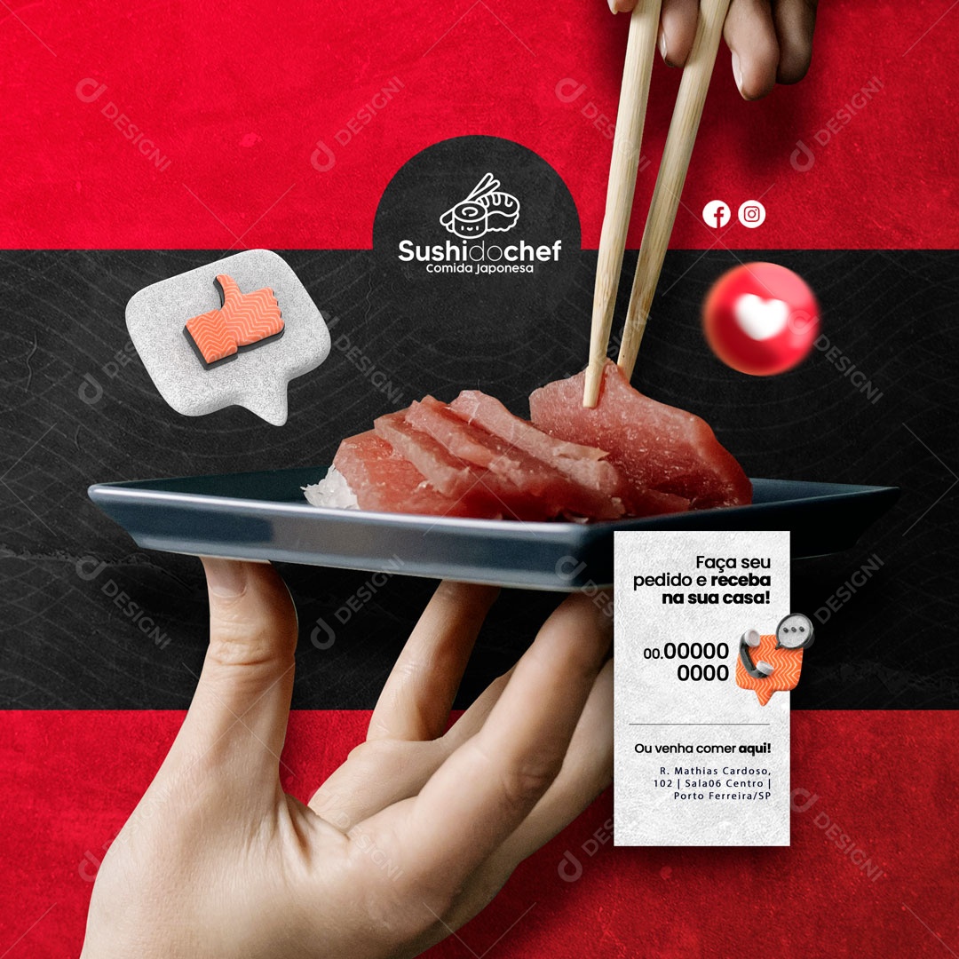 Faça seu Pedido e Receba na Sua Casa! Restaurante Comida Japonesa Social Media PSD Editável