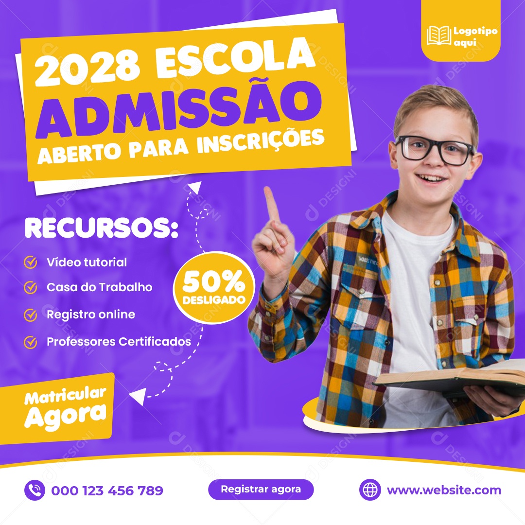 Escola Admissão Aberto Para Inscrições Social Media PSD Editável