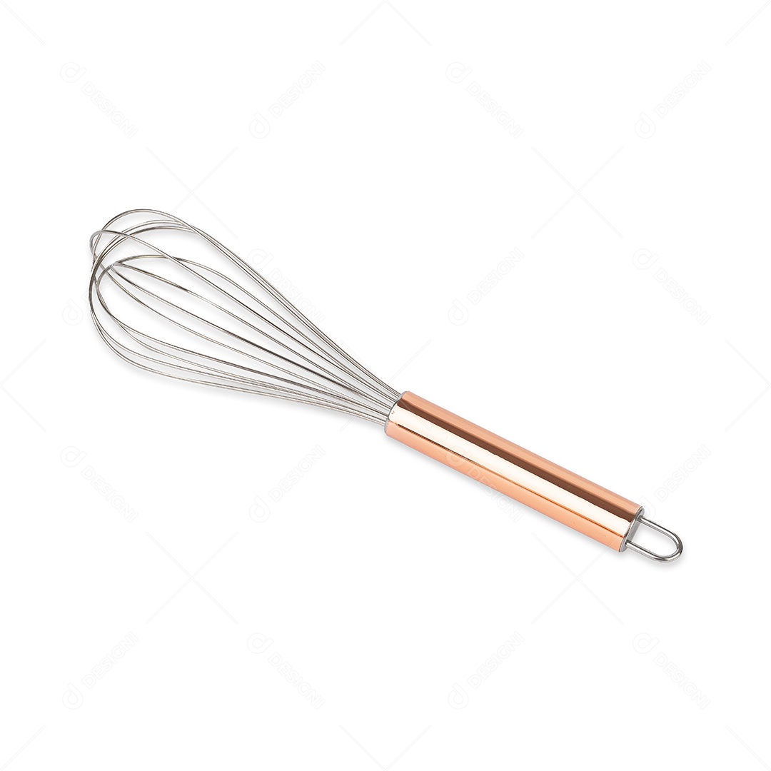 Fouet de cozinha dourado isolado sobre fundo branco.
