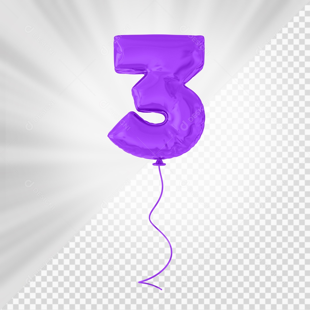 Balão de Número 3 Elemento 3D Roxo Para composição PSD