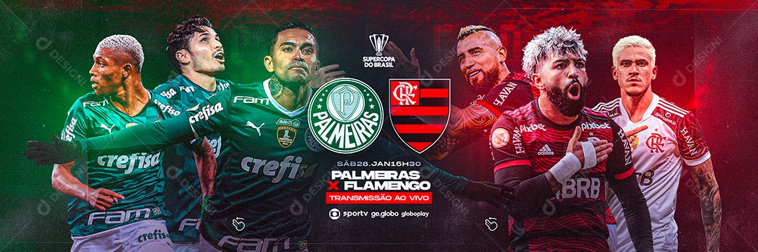 Palmeiras x Flamengo Transmissão ao Vivo Supercopa do Brasil Carrossel Social Media PSD Editável