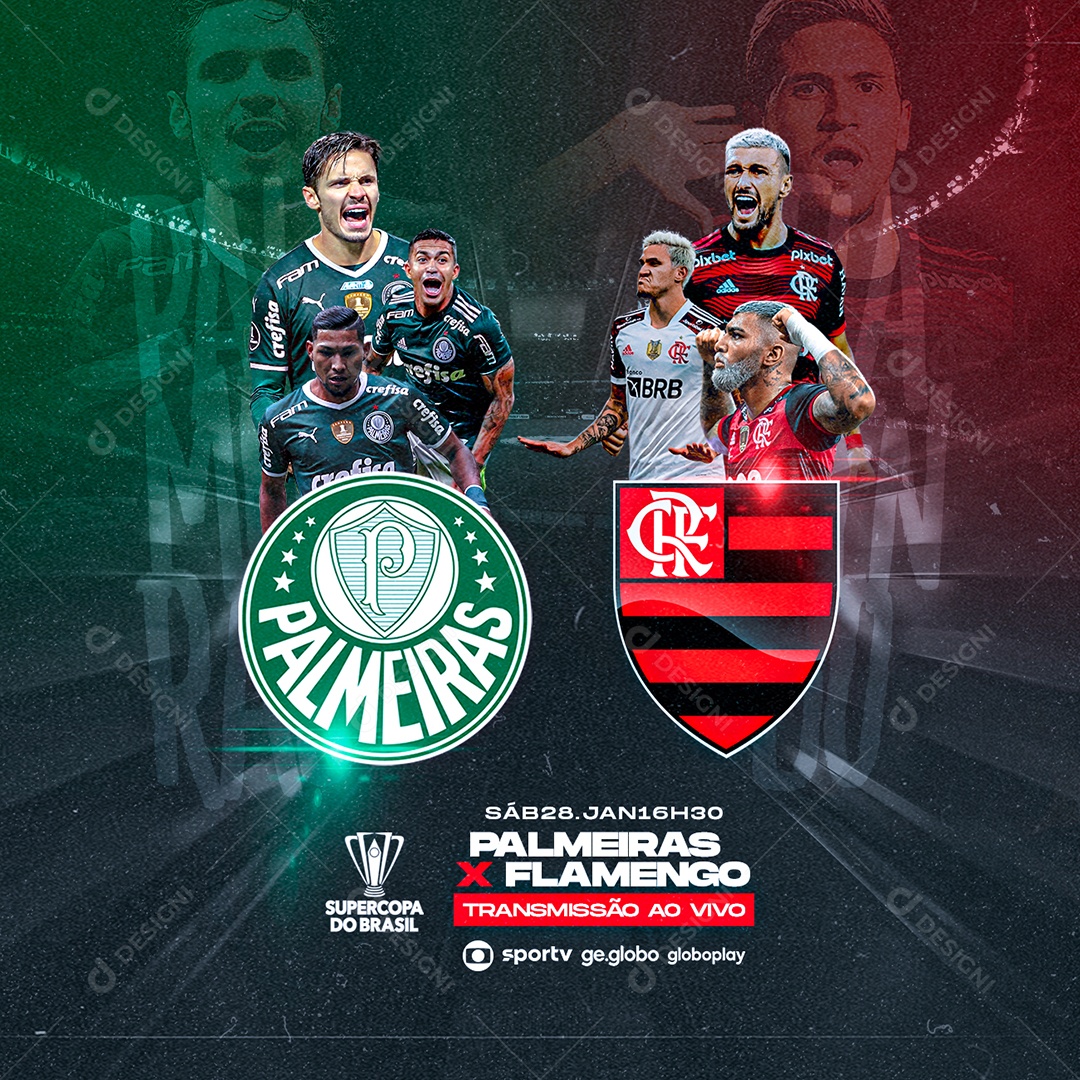 Social Media Palmeiras x Flamengo Transmissão ao Vivo Supercopa do Brasil Futebol PSD Editável