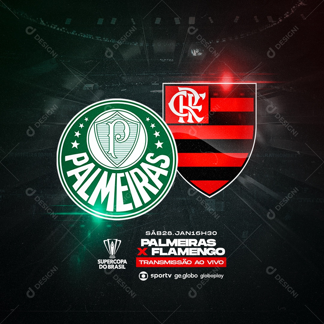 Social Media Palmeiras x Flamengo Transmissão ao Vivo Supercopa do Brasil Futebol PSD Editável