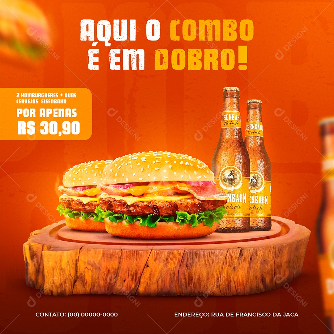 Post Hamburgueria O Combo É em Dobro Social Media PSD Editável