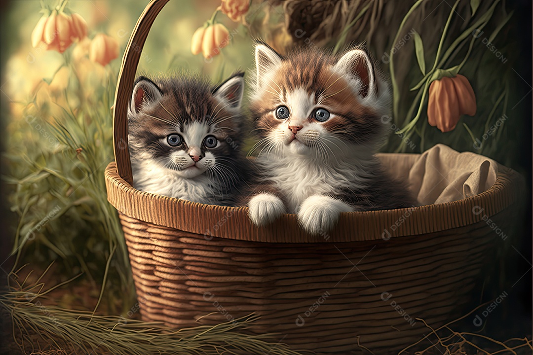 Ilustração sobre gatinhos na cesta