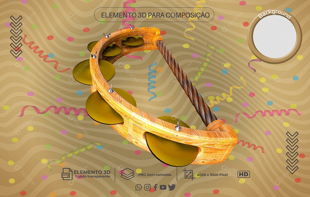 Elemento 3D Para Composição Pandeiro Meia Lua PNG Transparente