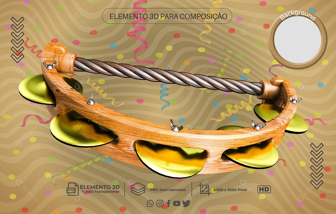 Elemento 3D Para Composição Pandeiro Meia Lua PNG Transparente