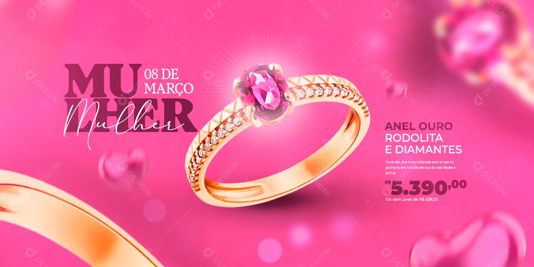 Banner Anel Ouro Rodolita e Diamantes Dia Da Mulher Social Media PSD Editável