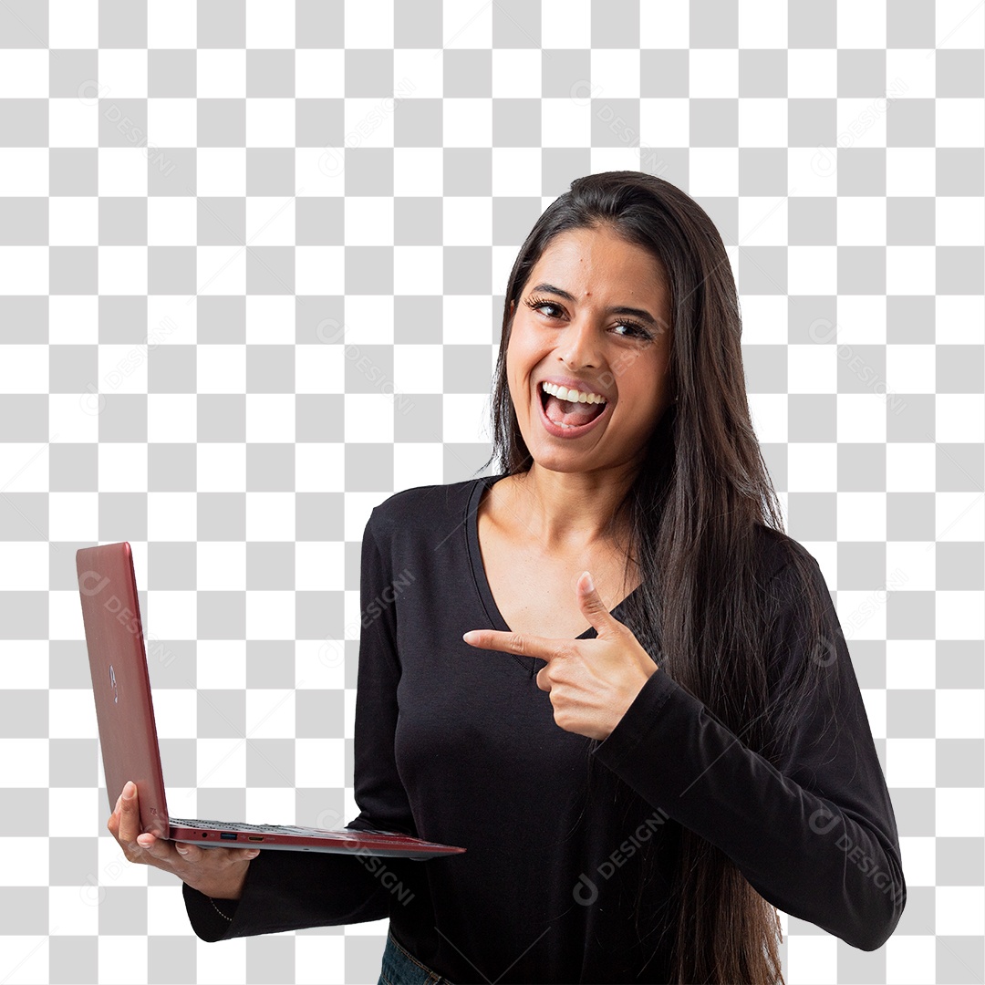 Linda Mulher Jovem Mexendo no Notebook PNG Transparente