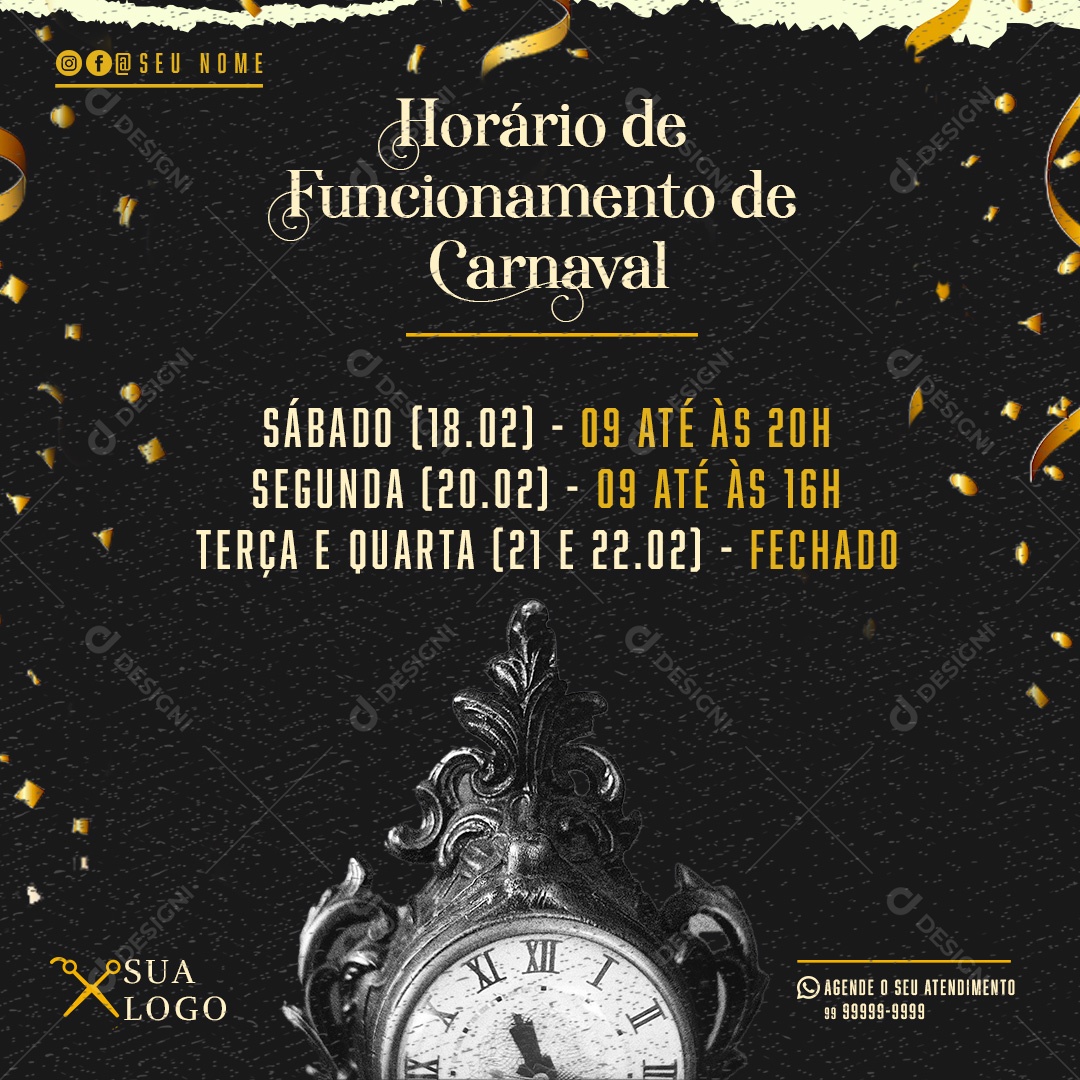 Post Barbearia Horário de Funcionamento Carnaval Social Media PSD Editável